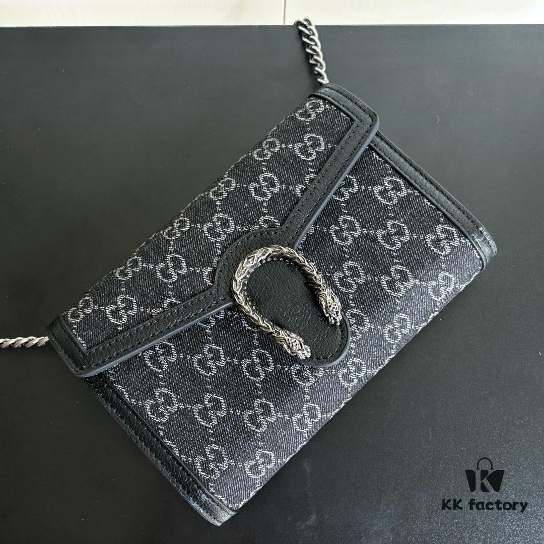 Authentic #With Box - GG Dionysus WOC Chain Mini Handbag / Wallet in Black Denim, Style No. 401231, 20×13×6cm