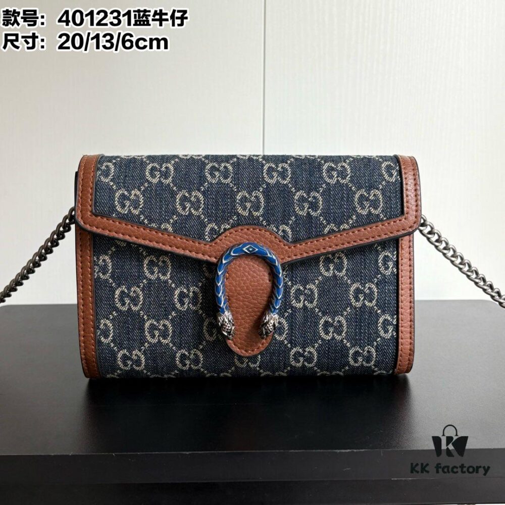 Authentic #With Box - GG Dionysus WOC Chain Mini Handbag/Wallet in Blue Denim, Style No. 401231, Size: 20×13×6cm
