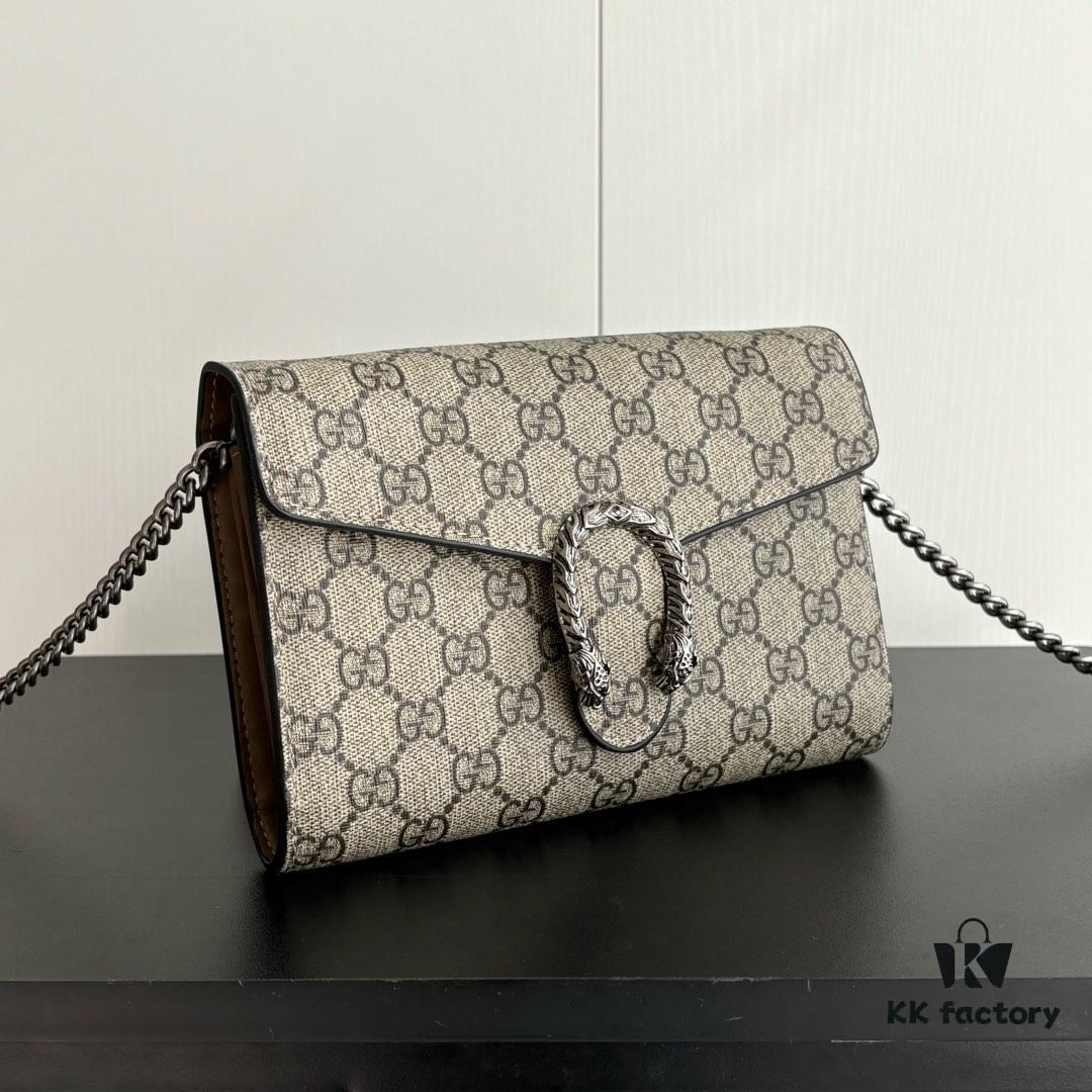 GG Dionysus WOC Chain Mini Handbag / Wallet with Khaki Lining, Horsehead Stirrup Closure and Flip Design