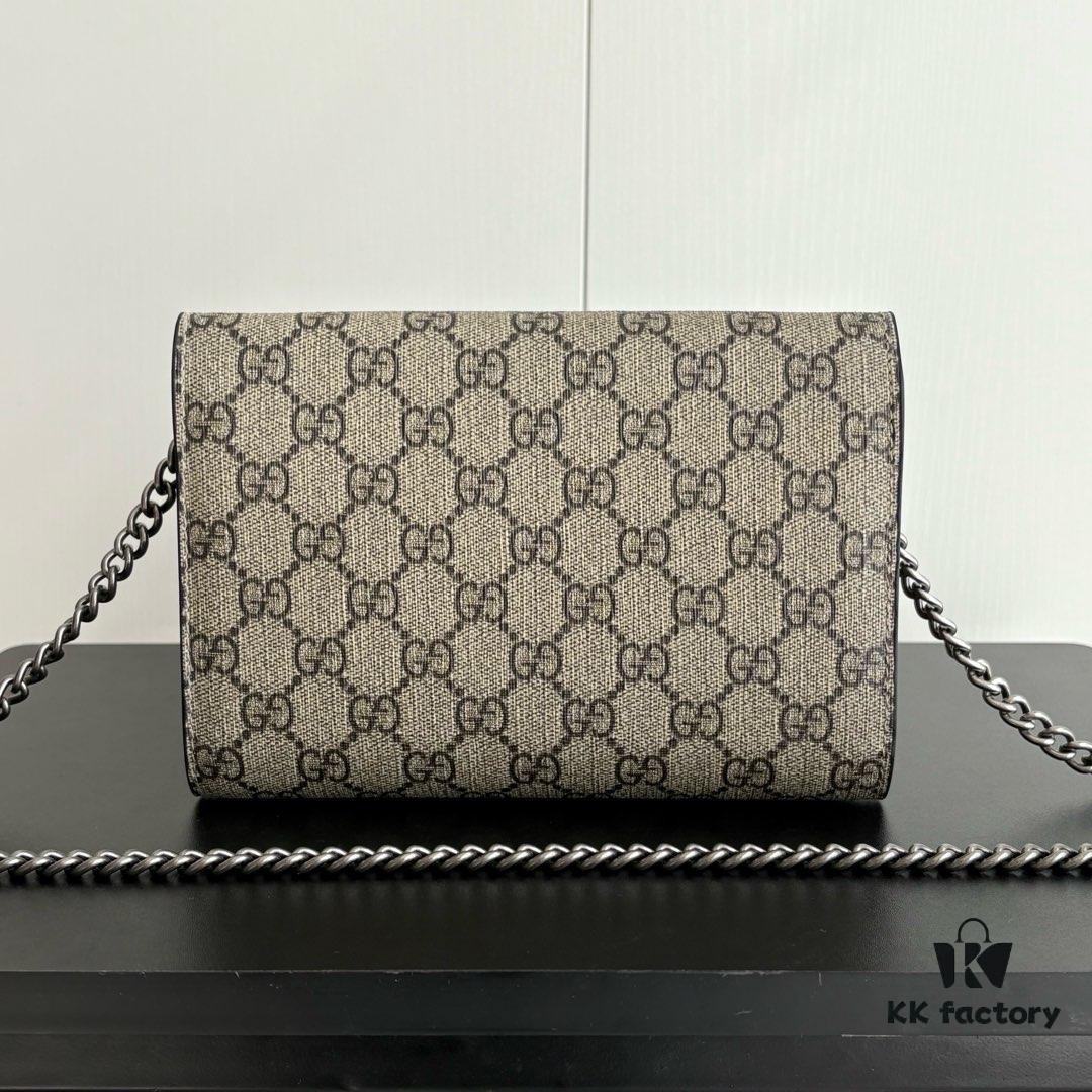GG Dionysus WOC Chain Mini Handbag / Wallet with Khaki Lining, Horsehead Stirrup Closure and Flip Design