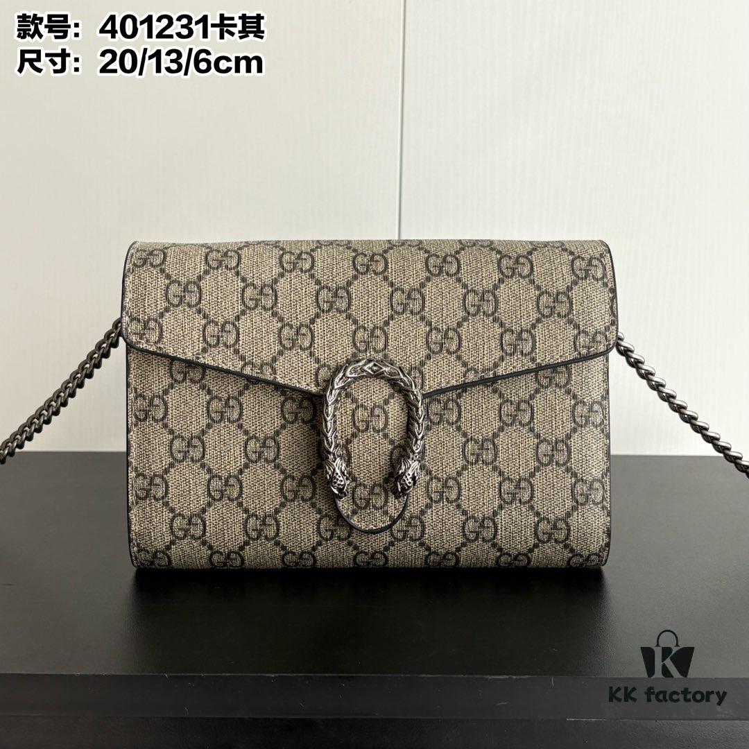 GG Dionysus WOC Chain Mini Handbag / Wallet with Khaki Lining, Horsehead Stirrup Closure and Flip Design