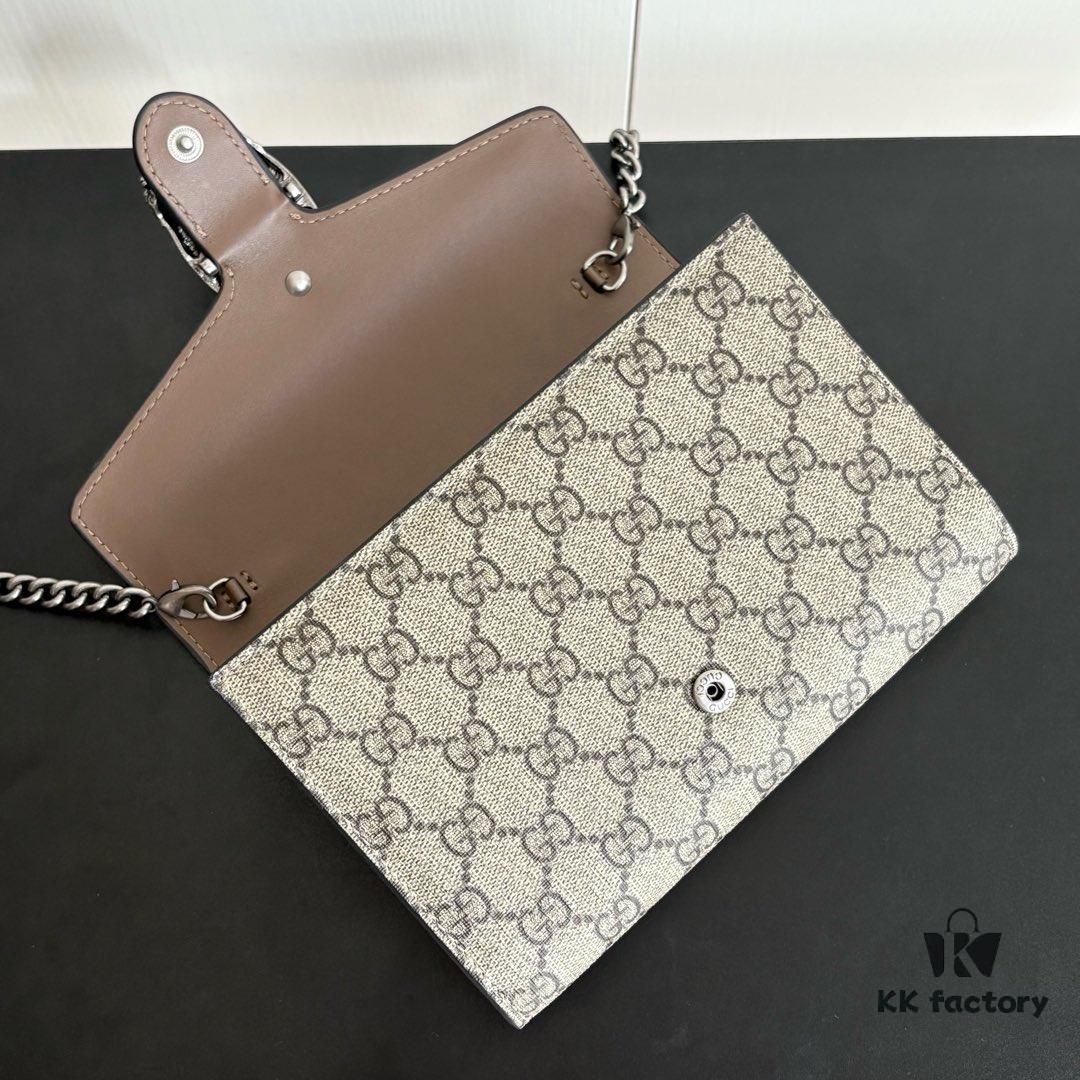 GG Dionysus WOC Chain Mini Handbag / Wallet with Khaki Lining, Horsehead Stirrup Closure and Flip Design