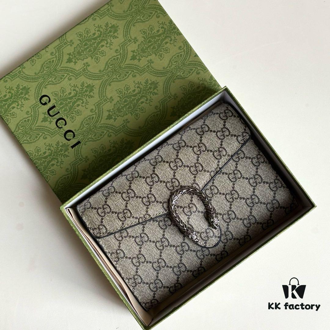 GG Dionysus WOC Chain Mini Handbag / Wallet with Khaki Lining, Horsehead Stirrup Closure and Flip Design