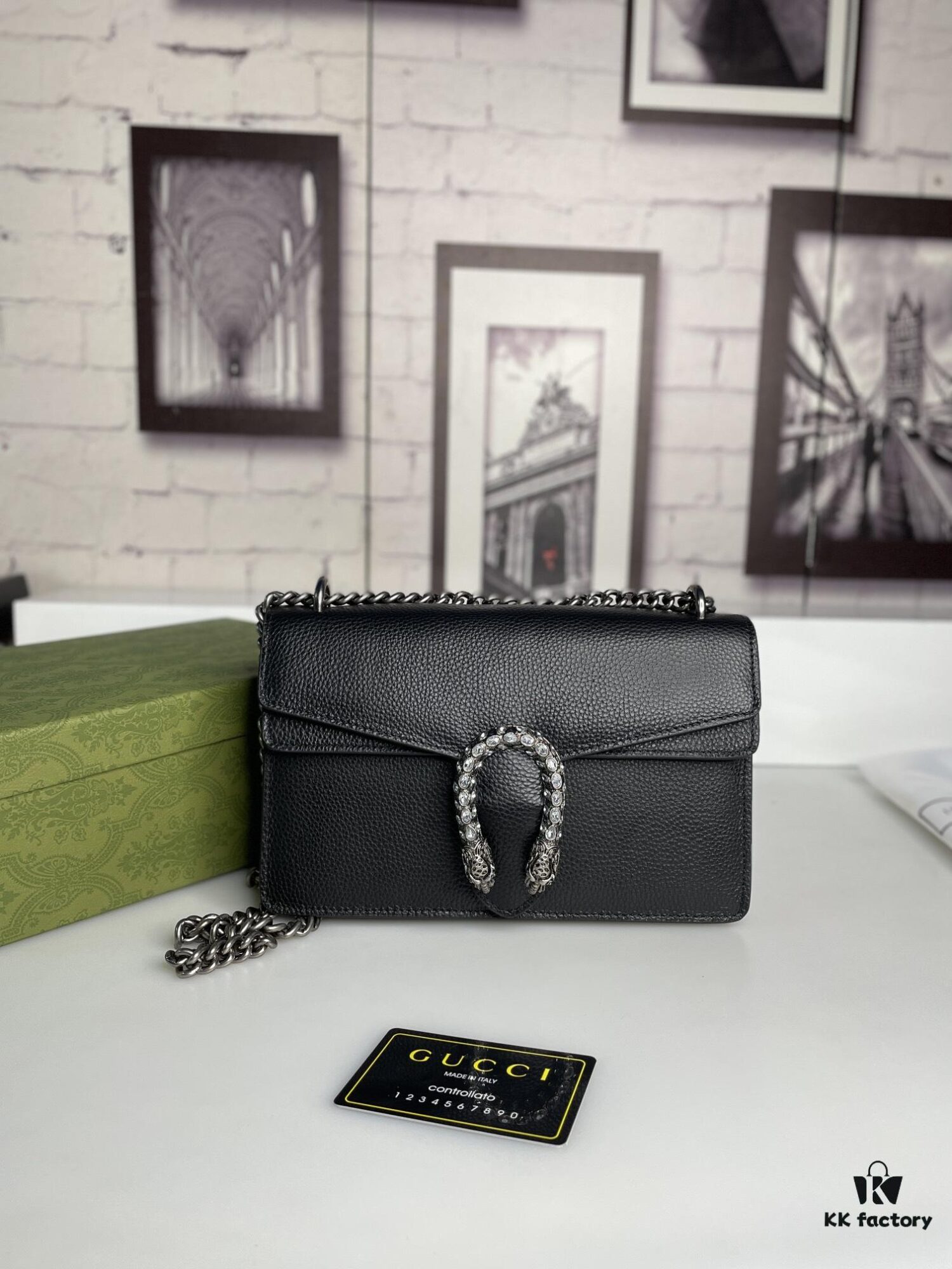 Crinkled Leather with Double Tiger Head Clasp Inspired by the Greek Mythology of Dionysus, Dual Flap Pockets, Handheld or Crossbody Bag, Model: 400249, Size: 28x15x7