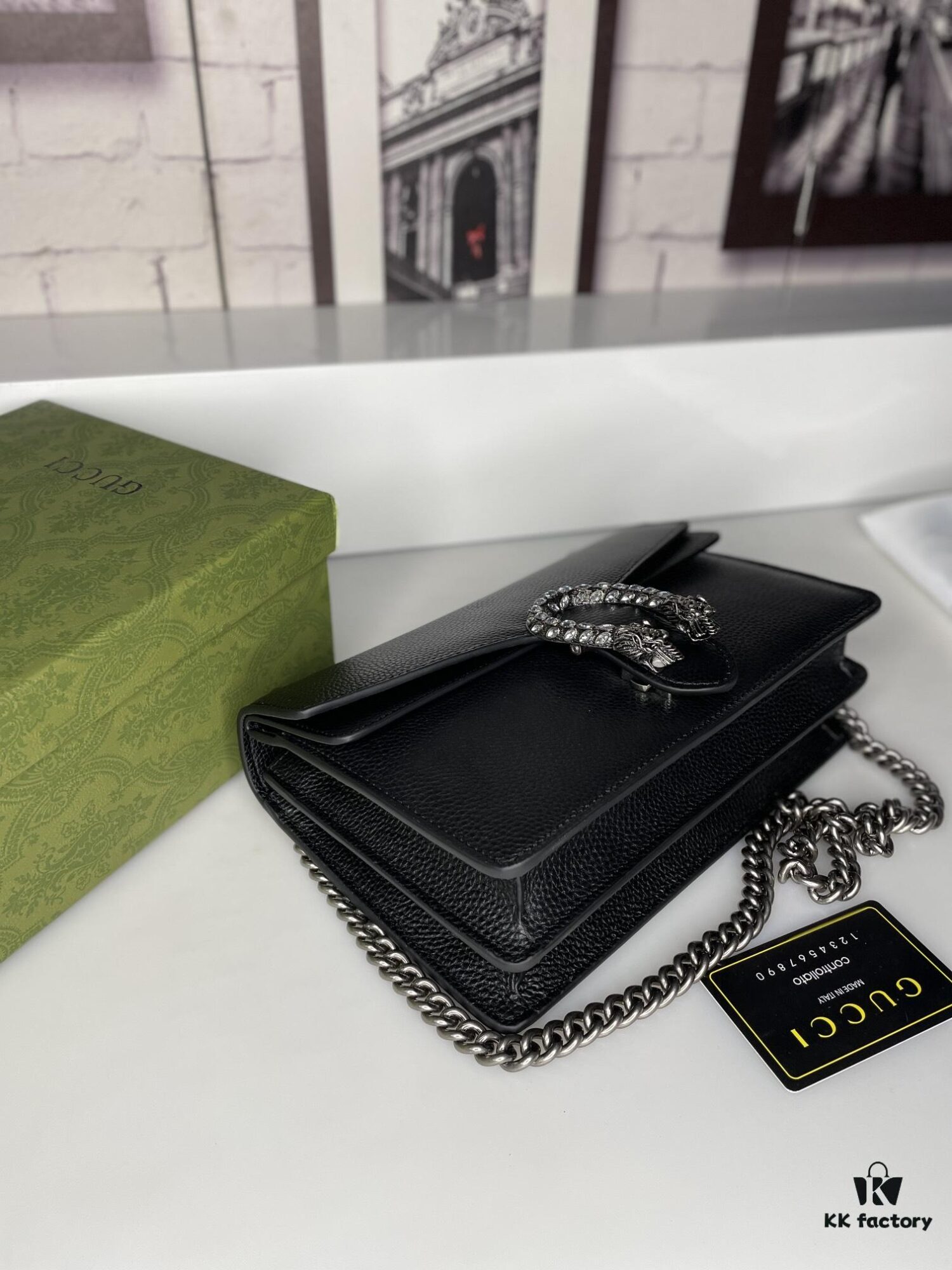 Crinkled Leather with Double Tiger Head Clasp Inspired by the Greek Mythology of Dionysus, Dual Flap Pockets, Handheld or Crossbody Bag, Model: 400249, Size: 28x15x7