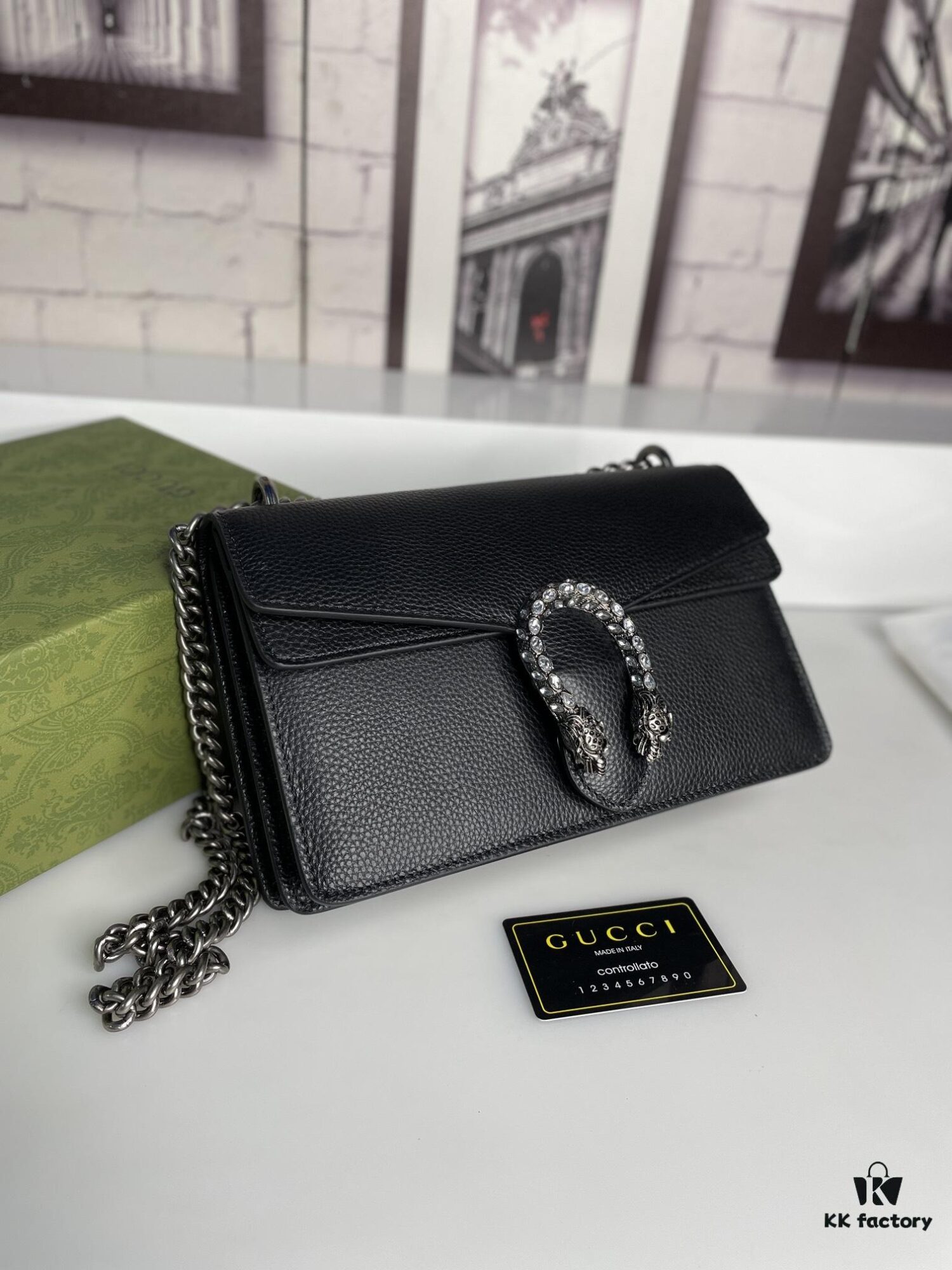 Crinkled Leather with Double Tiger Head Clasp Inspired by the Greek Mythology of Dionysus, Dual Flap Pockets, Handheld or Crossbody Bag, Model: 400249, Size: 28x15x7