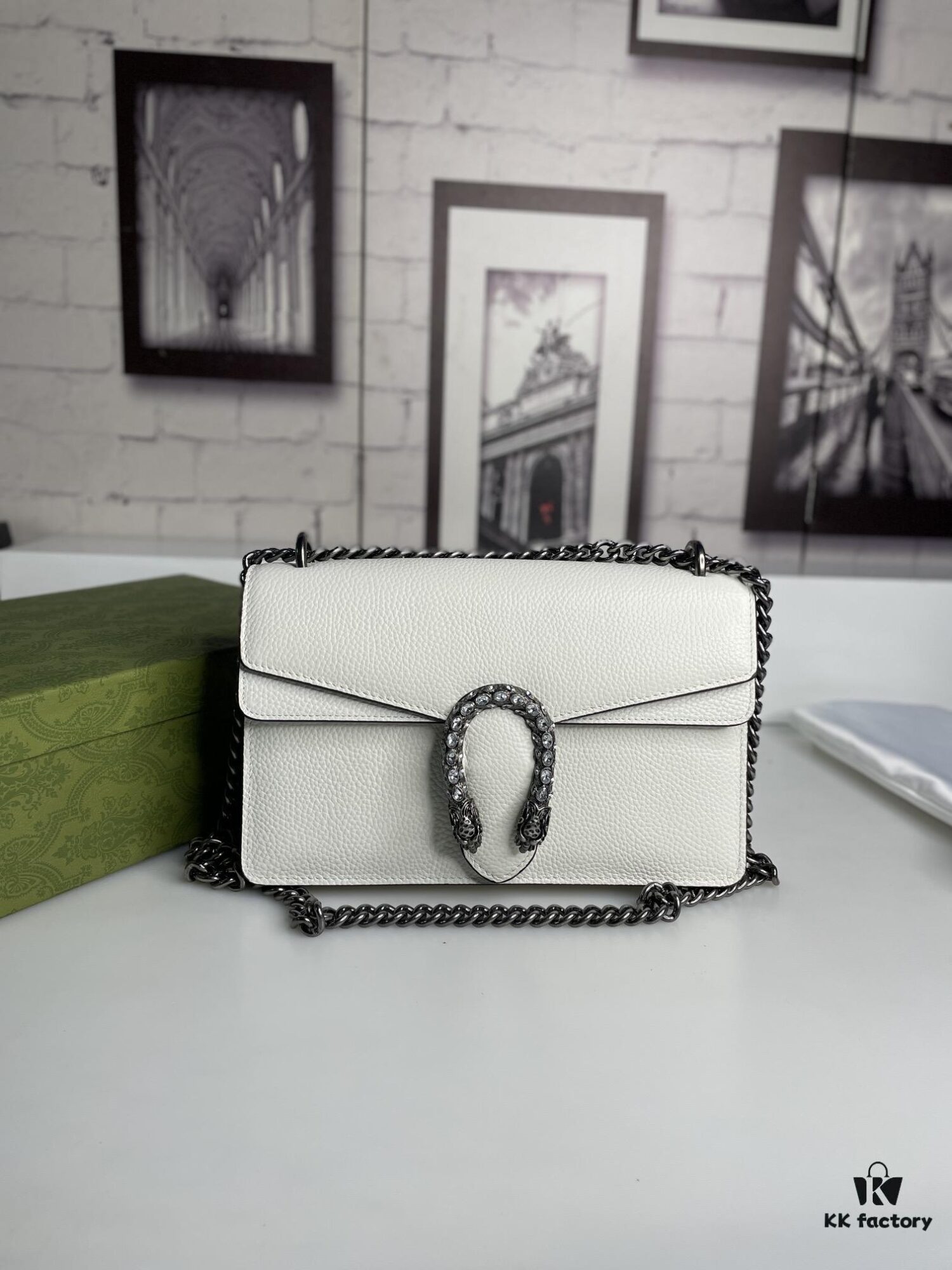 Crinkled Leather with Double Tiger Head Clasp Inspired by the Greek Mythology of Dionysus, Dual Flap Pockets, Handheld or Crossbody Bag, Model: 400249, Size: 28x15x7