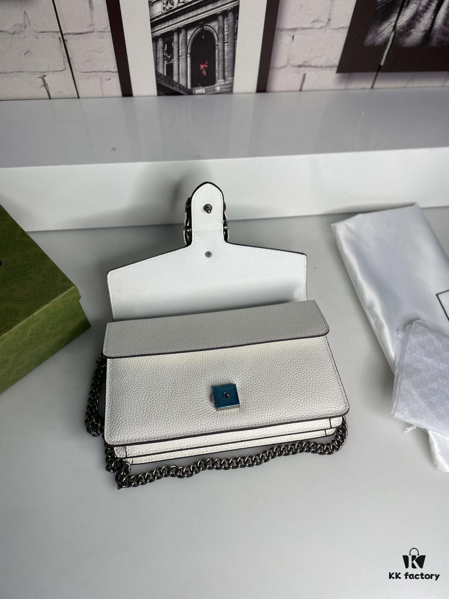 Crinkled Leather with Double Tiger Head Clasp Inspired by the Greek Mythology of Dionysus, Dual Flap Pockets, Handheld or Crossbody Bag, Model: 400249, Size: 28x15x7