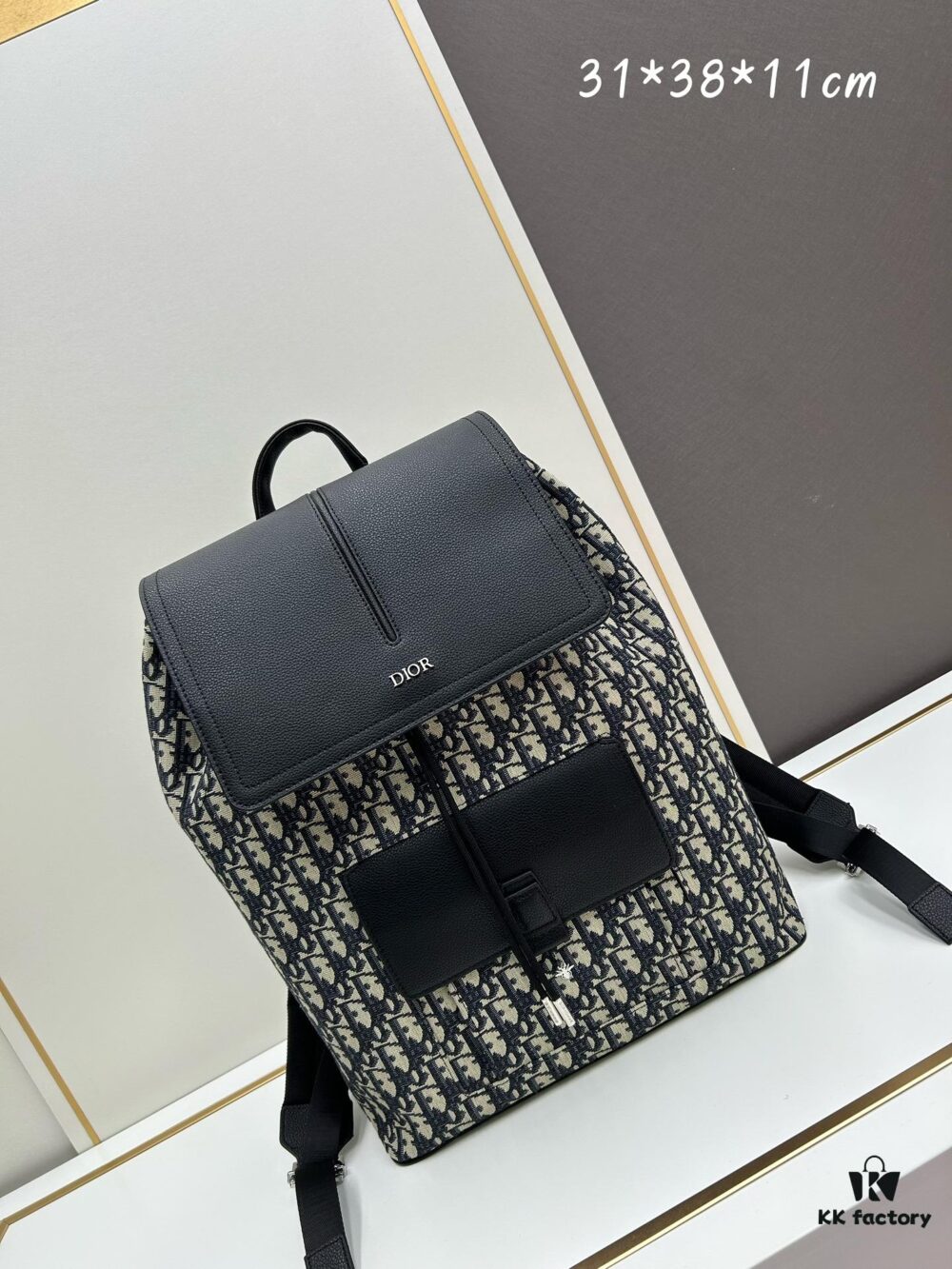 Elegant Motion Backpack in Beige and Black Oblique Print