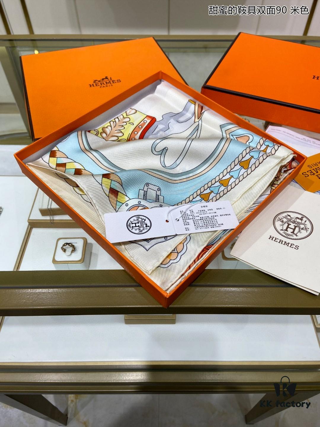 Luxury Custom Sweet Harness Double-Sided 90 Silk Scarf, 100% Premium 18 Momme Twill Silk, 90cm x 90cm