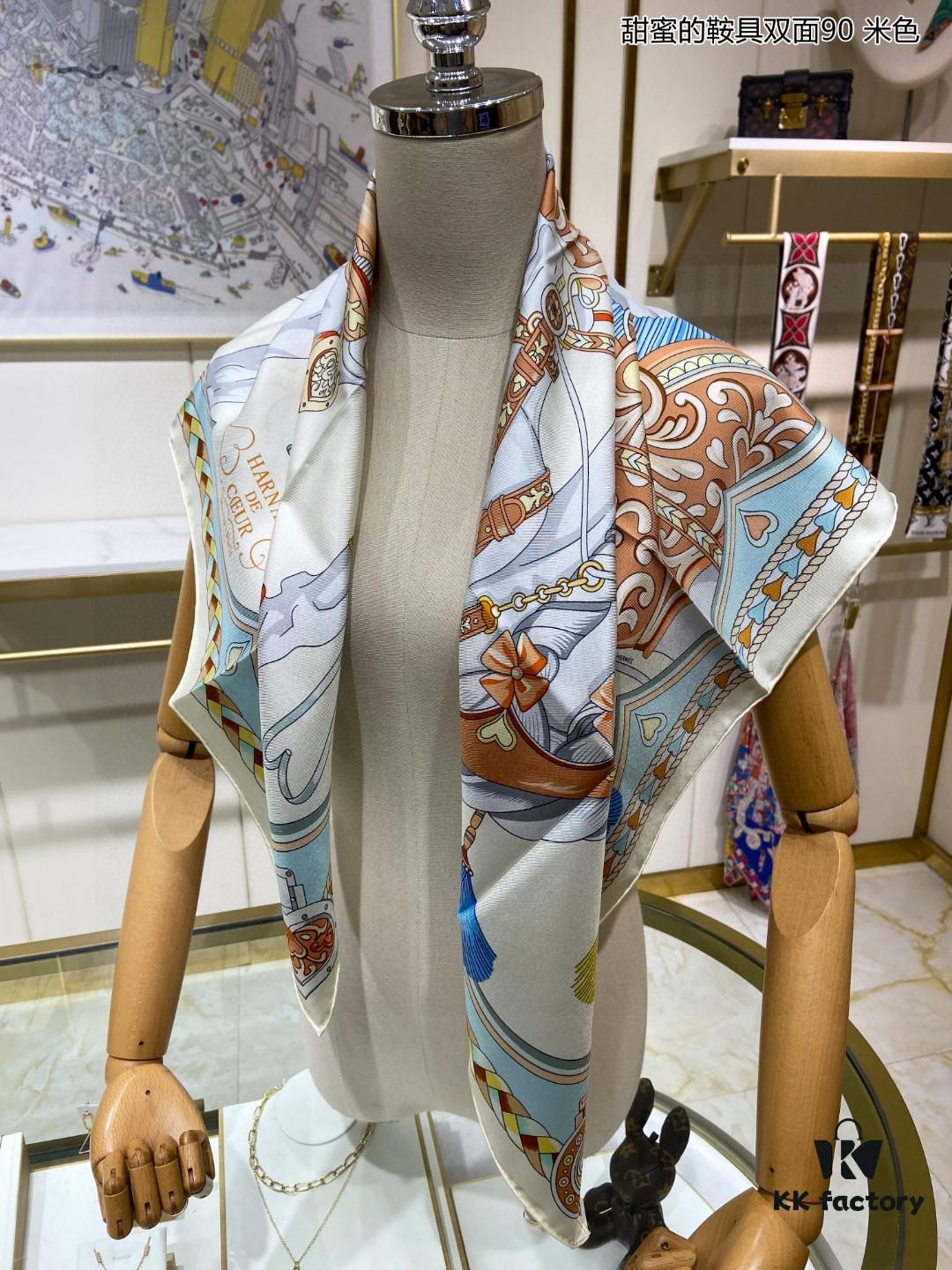 Luxury Custom Sweet Harness Double-Sided 90 Silk Scarf, 100% Premium 18 Momme Twill Silk, 90cm x 90cm