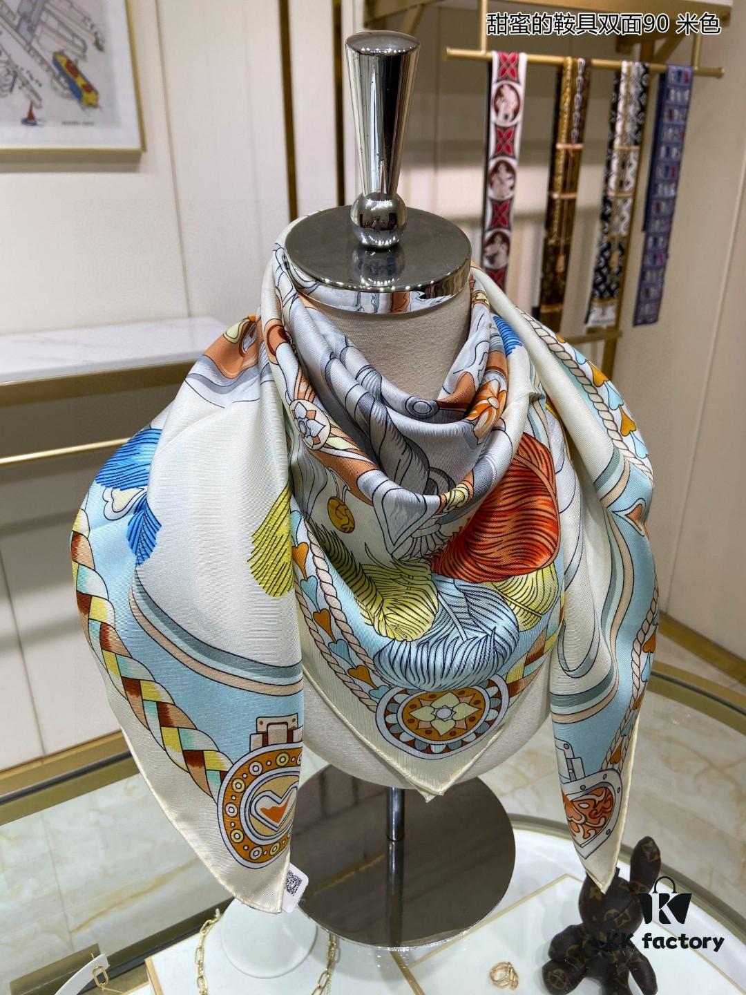 Luxury Custom Sweet Harness Double-Sided 90 Silk Scarf, 100% Premium 18 Momme Twill Silk, 90cm x 90cm