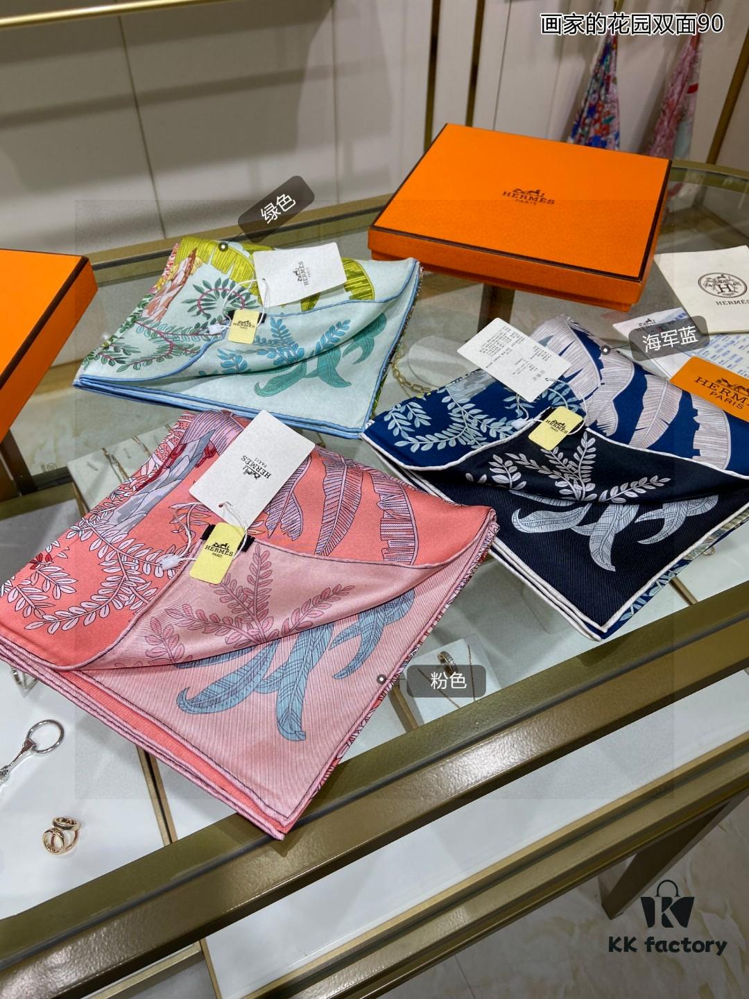 Luxury Custom 'Artist's Garden Double-Sided 90' Silk Scarf, 100% Premium 18 Momme Twill Silk, 90cm x 90cm