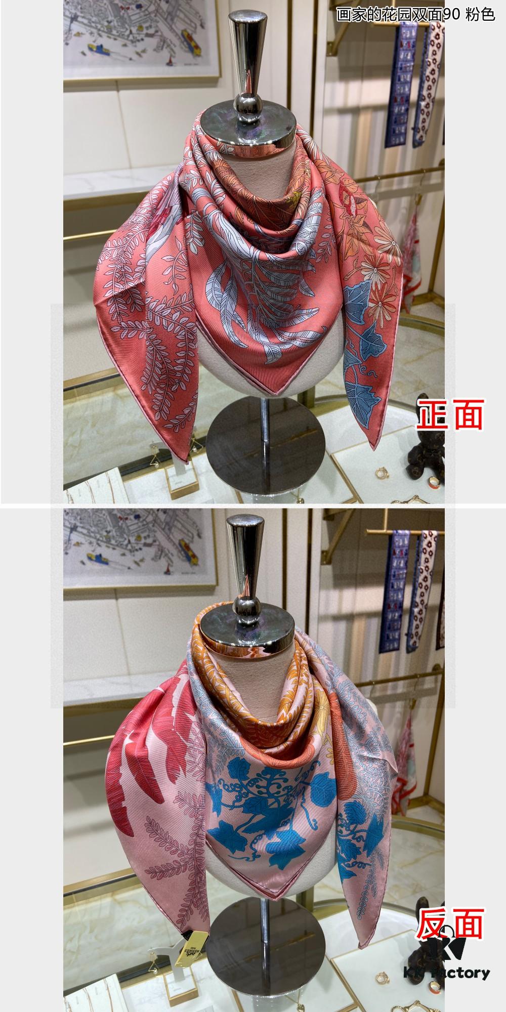 Luxury Custom 'Artist's Garden Double-Sided 90' Silk Scarf, 100% Premium 18 Momme Twill Silk, 90cm x 90cm