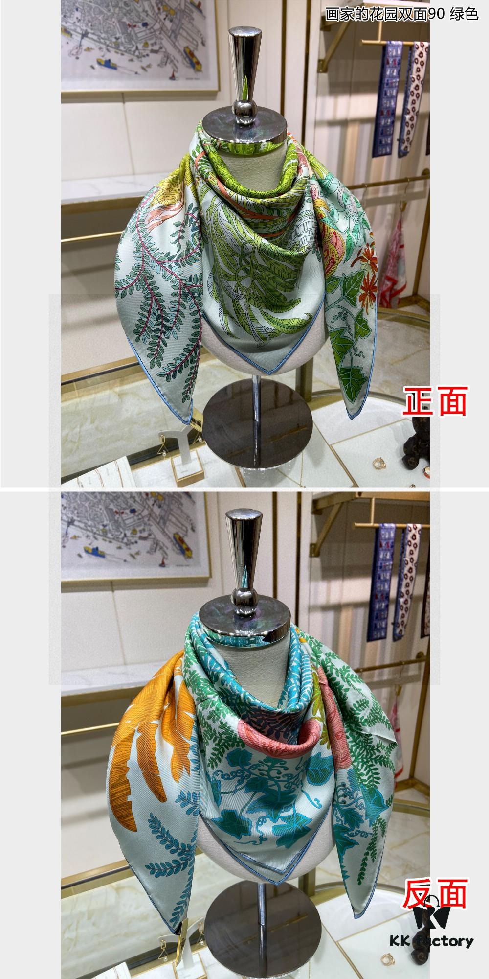 Luxury Custom 'Artist's Garden Double-Sided 90' Silk Scarf, 100% Premium 18 Momme Double-Faced Twill Silk, 90cm x 90cm