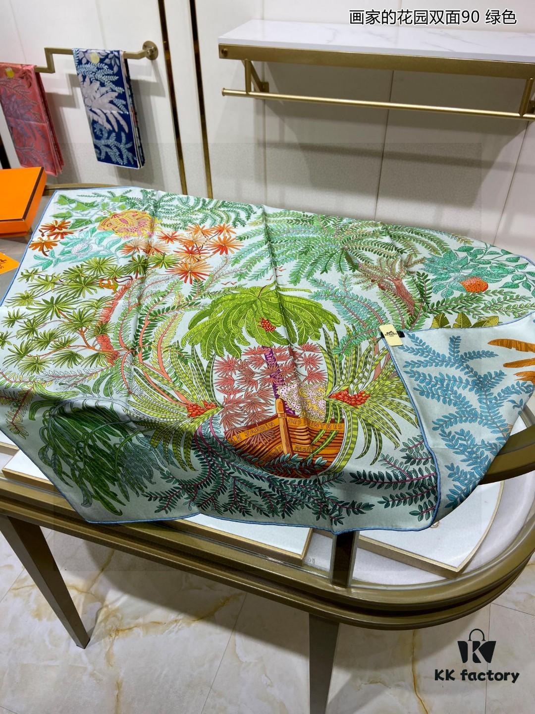 Luxury Custom 'Artist's Garden Double-Sided 90' Silk Scarf, 100% Premium 18 Momme Double-Faced Twill Silk, 90cm x 90cm