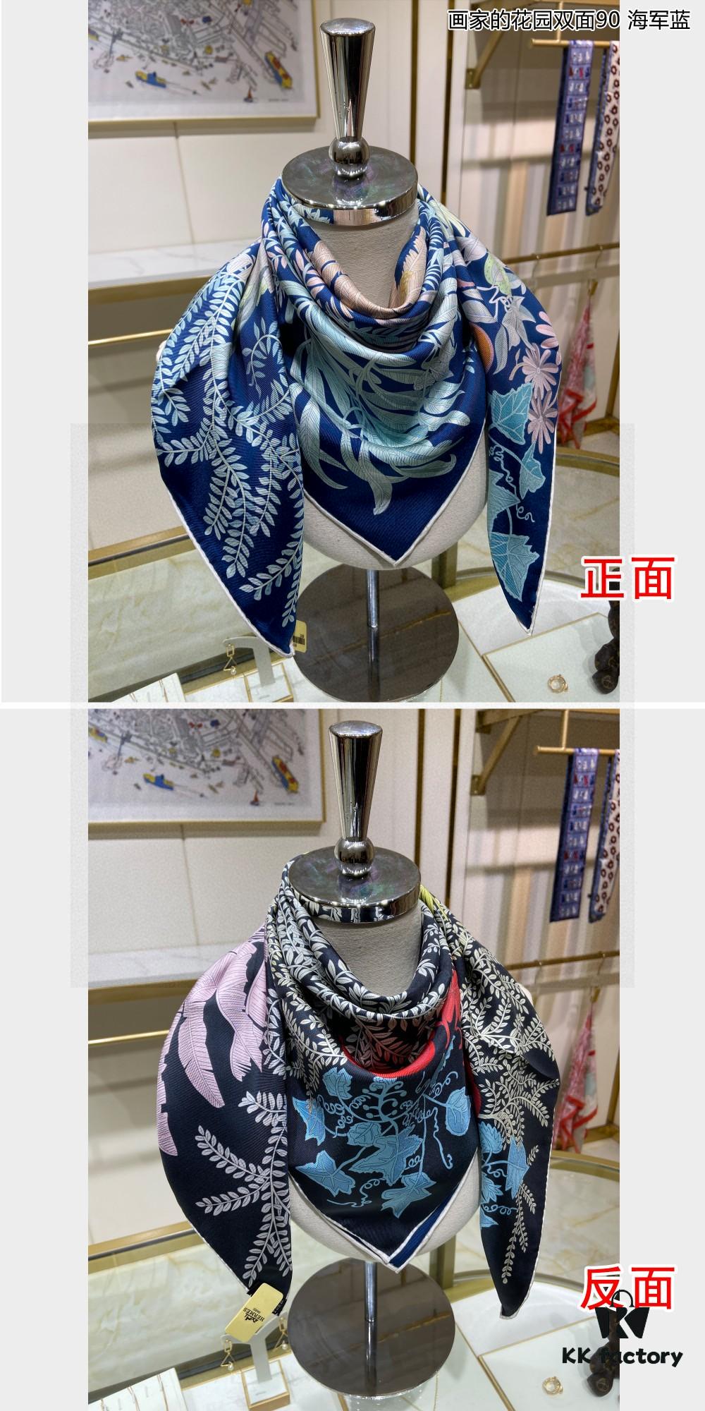 Luxury Custom 'Painter's Garden Double-Sided 90' Silk Scarf, 100% Premium 18 Momme Twill Silk, 90cm x 90cm