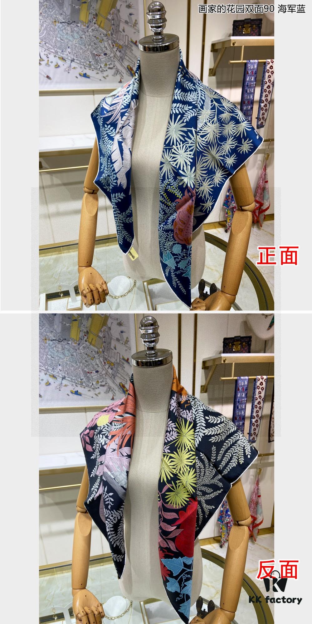 Luxury Custom 'Painter's Garden Double-Sided 90' Silk Scarf, 100% Premium 18 Momme Twill Silk, 90cm x 90cm