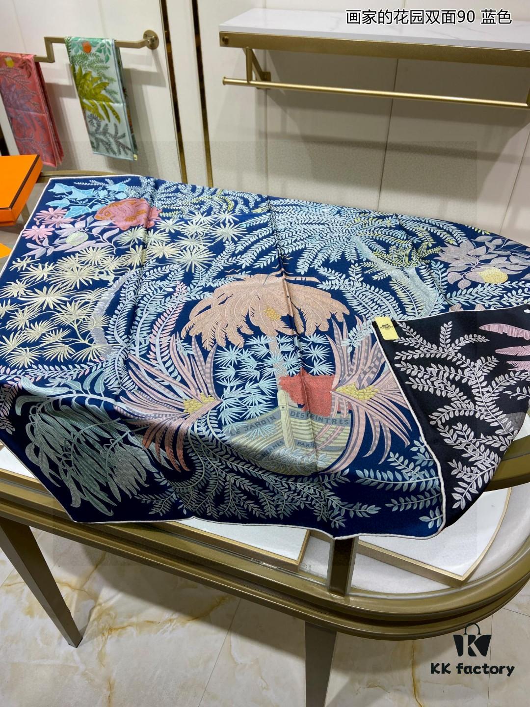 Luxury Custom 'Painter's Garden Double-Sided 90' Silk Scarf, 100% Premium 18 Momme Twill Silk, 90cm x 90cm