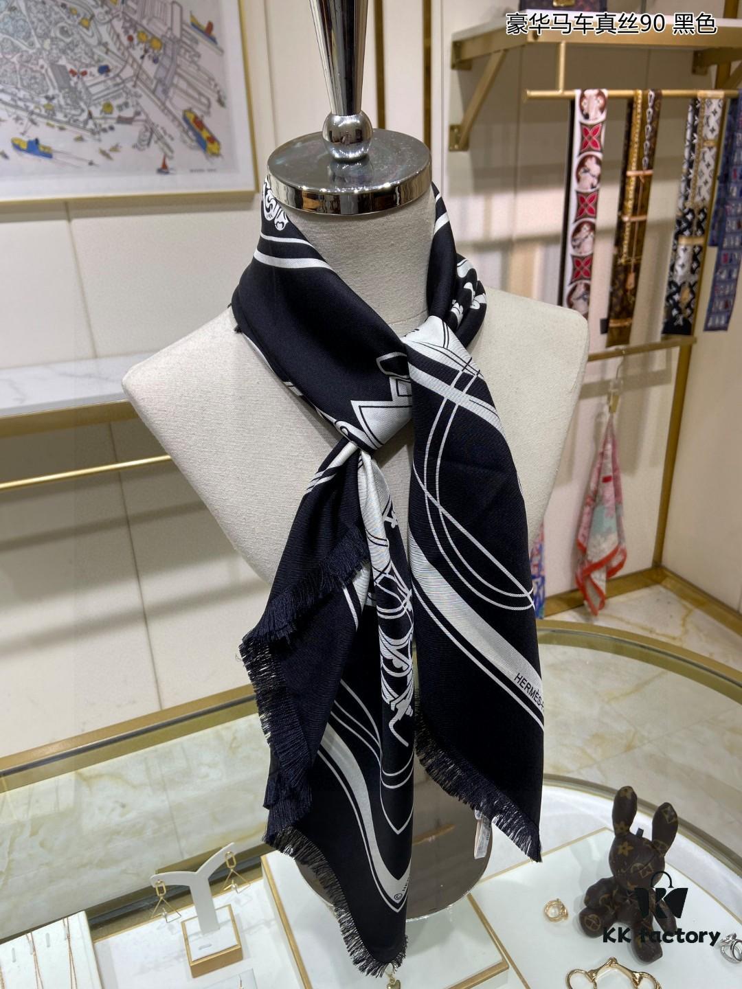 Luxury Custom 90cm x 90cm Pure Silk Square Scarf - Real Silk Carriage Design, 100% High-Grade 18 Momme Twill Silk, Double-Sided Same Color, Top Craftsmanship