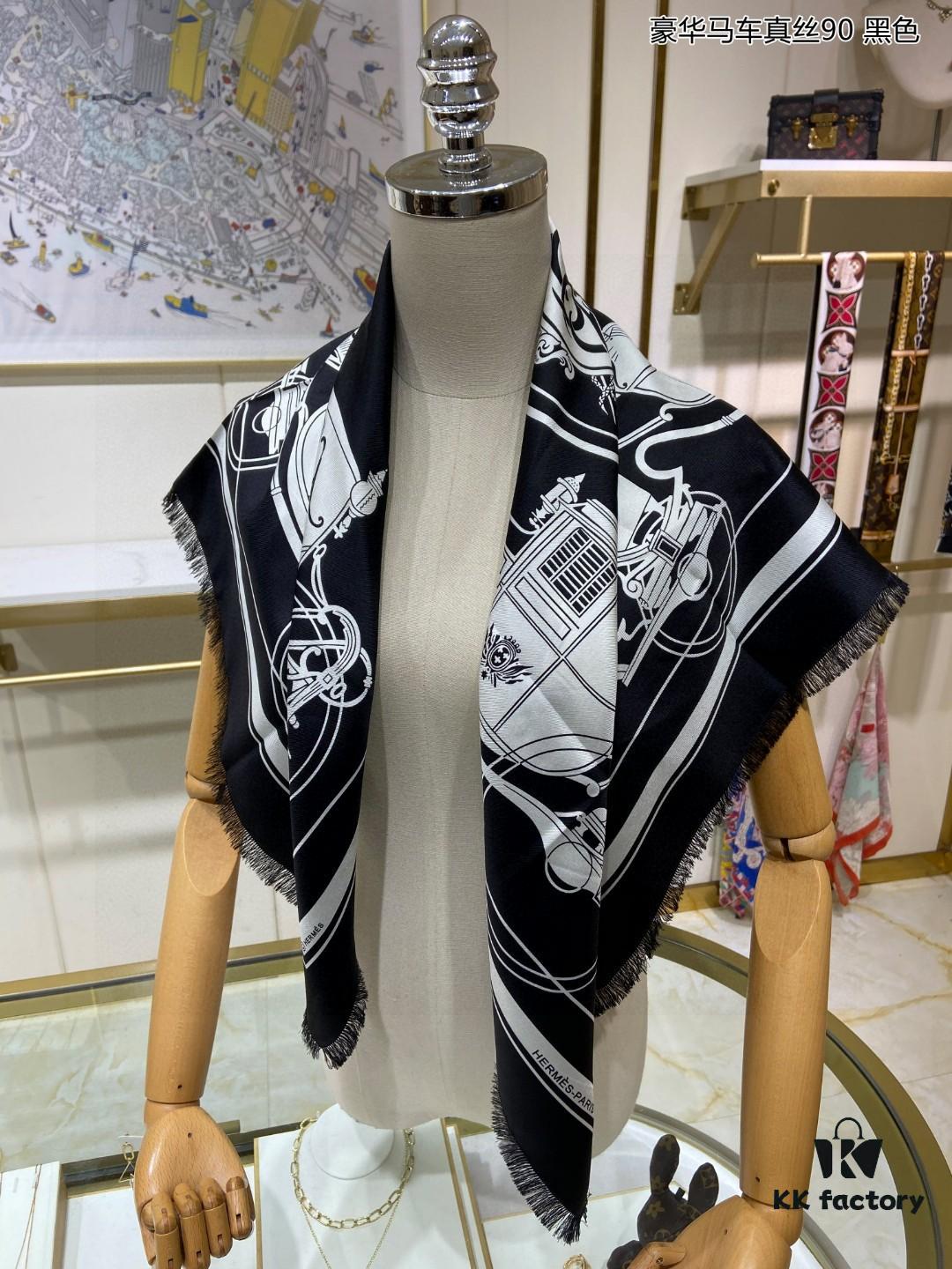Luxury Custom 90cm x 90cm Pure Silk Square Scarf - Real Silk Carriage Design, 100% High-Grade 18 Momme Twill Silk, Double-Sided Same Color, Top Craftsmanship