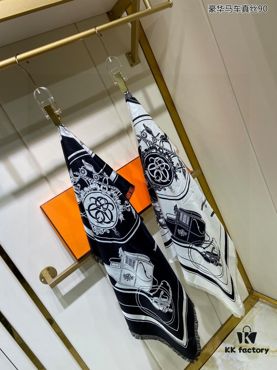 Luxury Custom Horse Carriage Silk Scarf 90 - 100% Premium 18 Momme Double-Sided Satin Silk, Top Craftsmanship, High-End Fashion Accessory