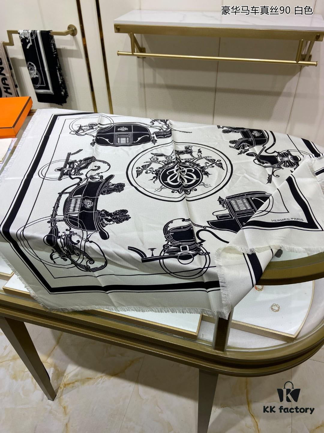 Luxury Custom Horse Carriage Silk Scarf 90 - 100% Premium 18 Momme Double-Sided Satin Silk, Top Craftsmanship, High-End Fashion Accessory