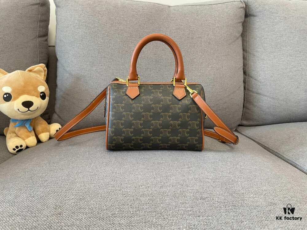 CELINE Small Triomphe Canvas Logo-Printed Calfskin Boston Bag