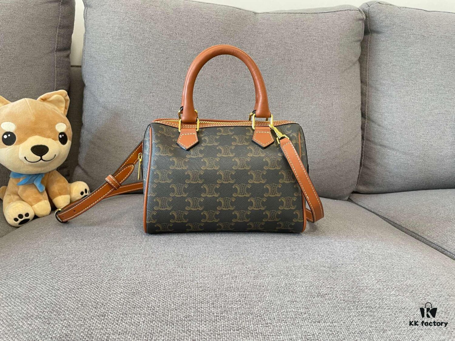 CELINE Small Triomphe Canvas Logo-Printed Calfskin Boston Bag