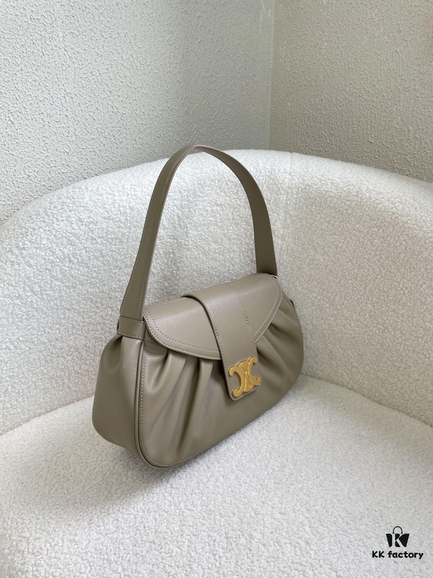 CELINE Spring-Summer Collection New Release POLLY Bag - Iconic Triomphe Logo, Wave-Bottom Design, Lambskin Lining, Magnetic Closure, Dual Carry Options