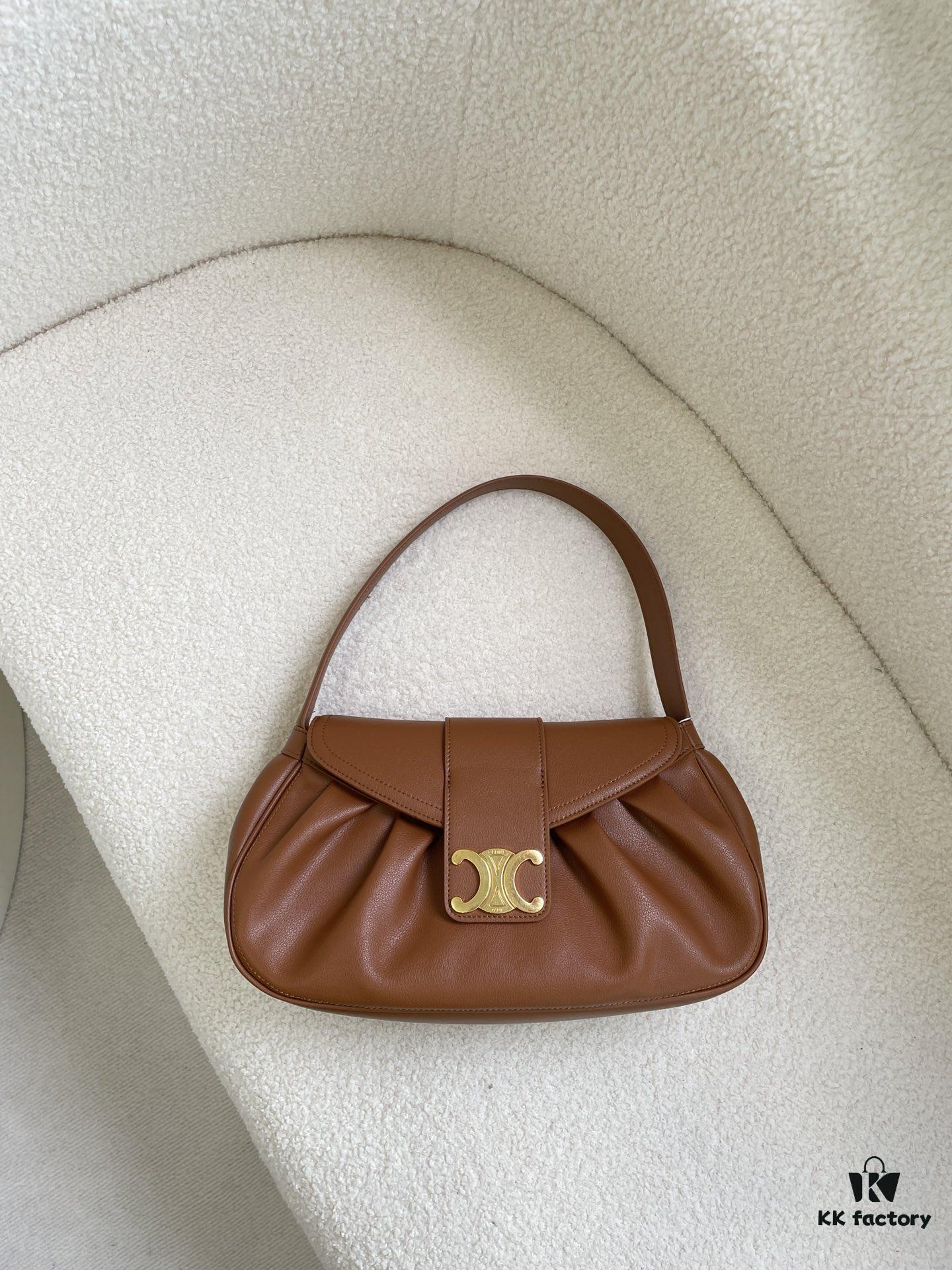 CELINE Spring/Summer New Arrival POLLY Bag - Iconic Triomphe Logo, Wave-Base Design, Full-Grain Calf Leather with Lambskin Lining