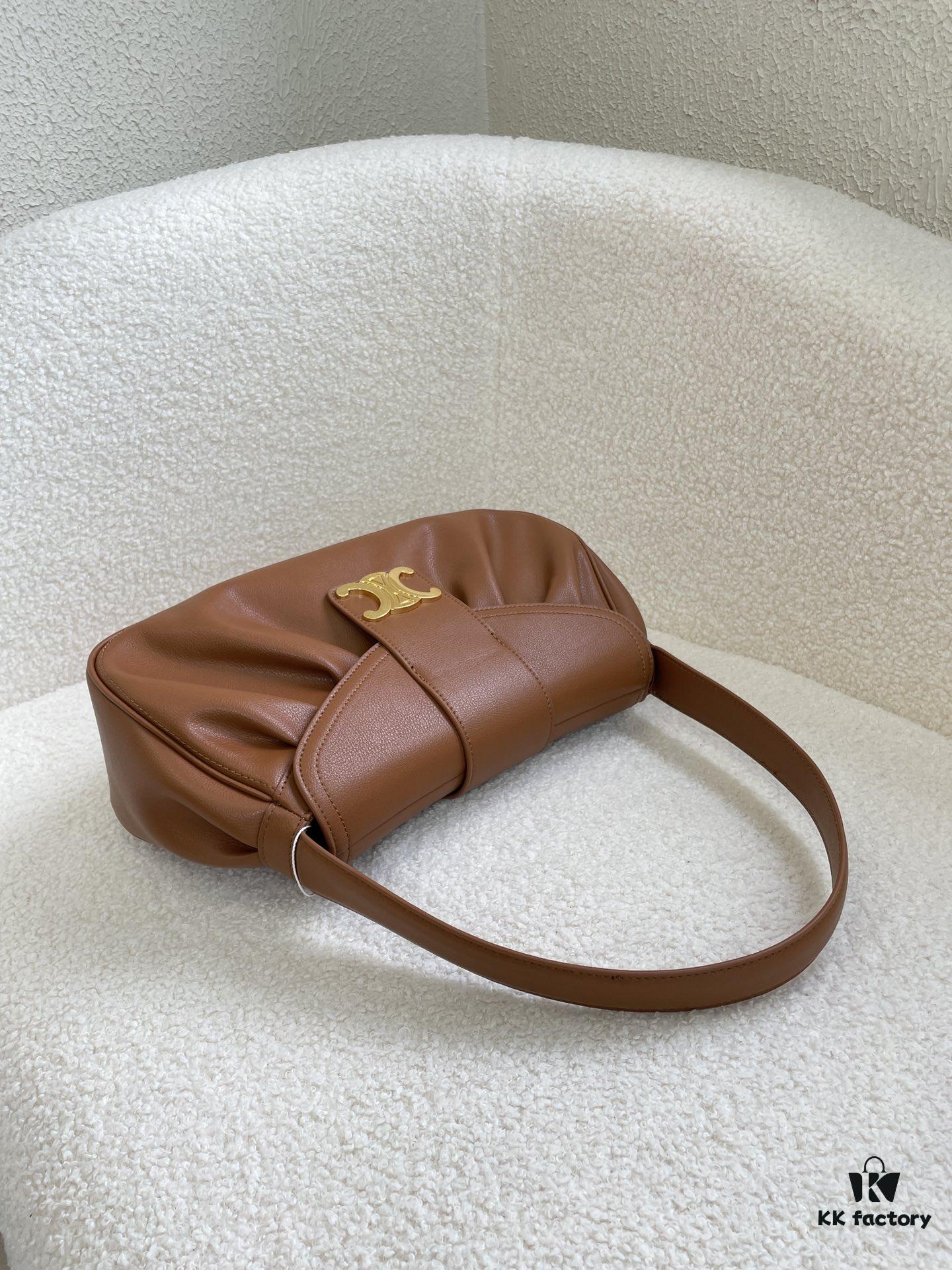 CELINE Spring/Summer New Arrival POLLY Bag - Iconic Triomphe Logo, Wave-Base Design, Full-Grain Calf Leather with Lambskin Lining