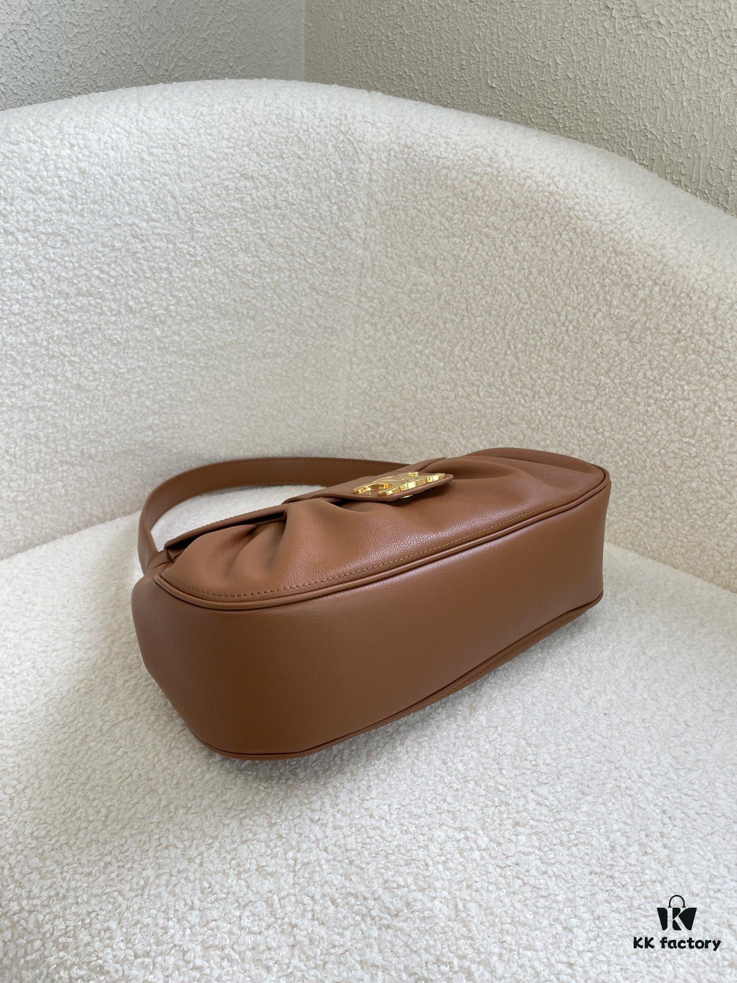 CELINE Spring/Summer New Arrival POLLY Bag - Iconic Triomphe Logo, Wave-Base Design, Full-Grain Calf Leather with Lambskin Lining