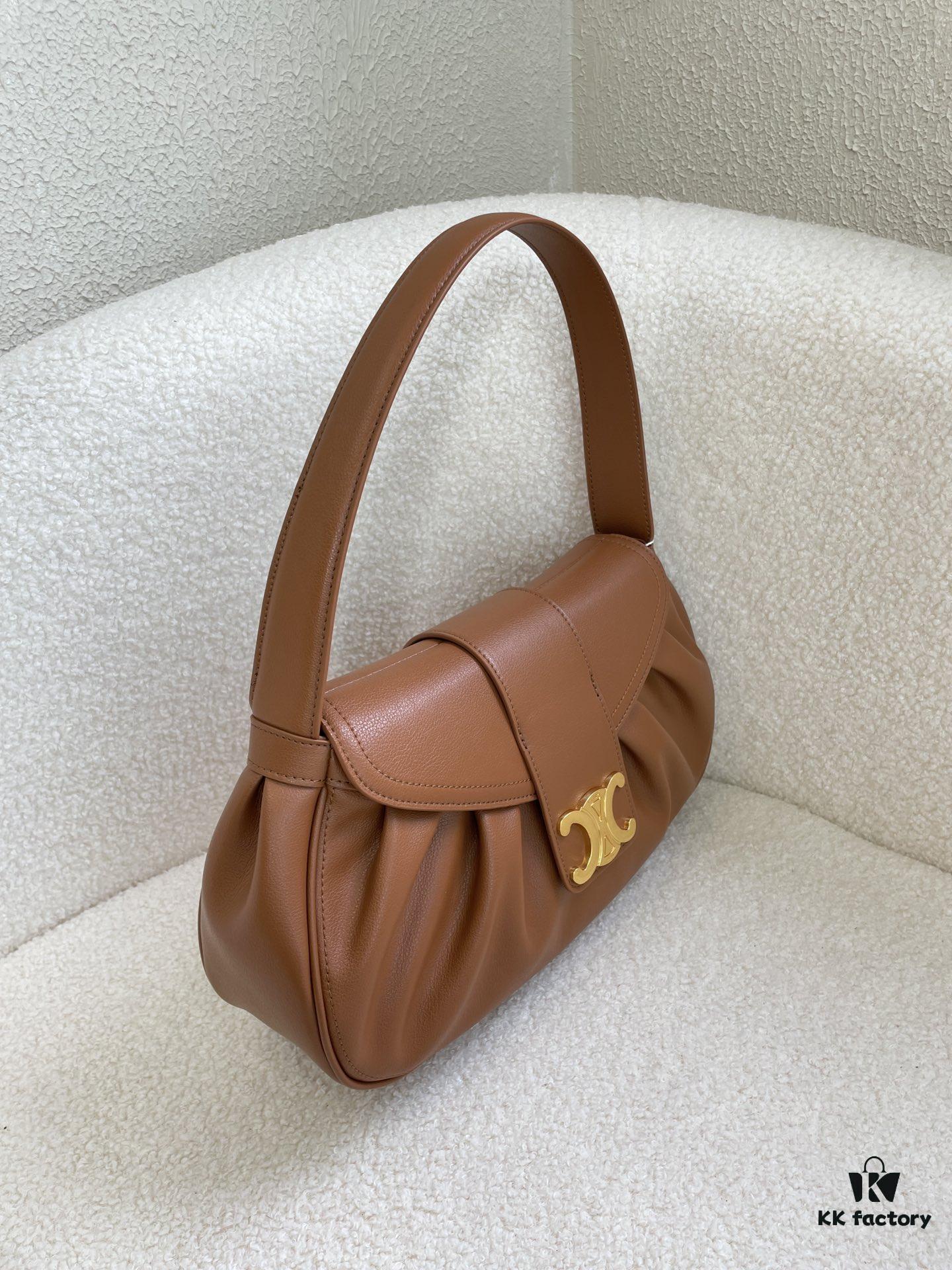 CELINE Spring/Summer New Arrival POLLY Bag - Iconic Triomphe Logo, Wave-Base Design, Full-Grain Calf Leather with Lambskin Lining