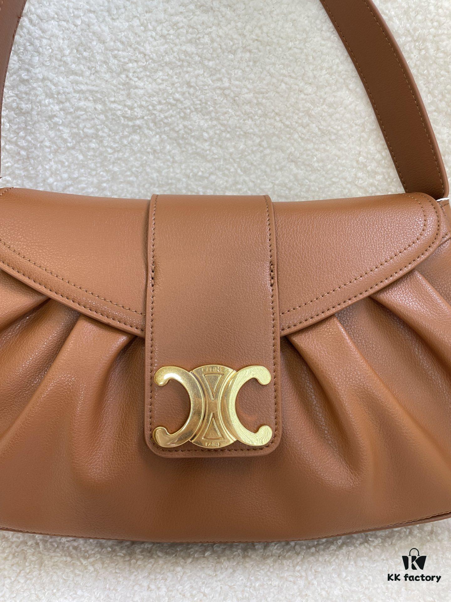 CELINE Spring/Summer New Arrival POLLY Bag - Iconic Triomphe Logo, Wave-Base Design, Full-Grain Calf Leather with Lambskin Lining