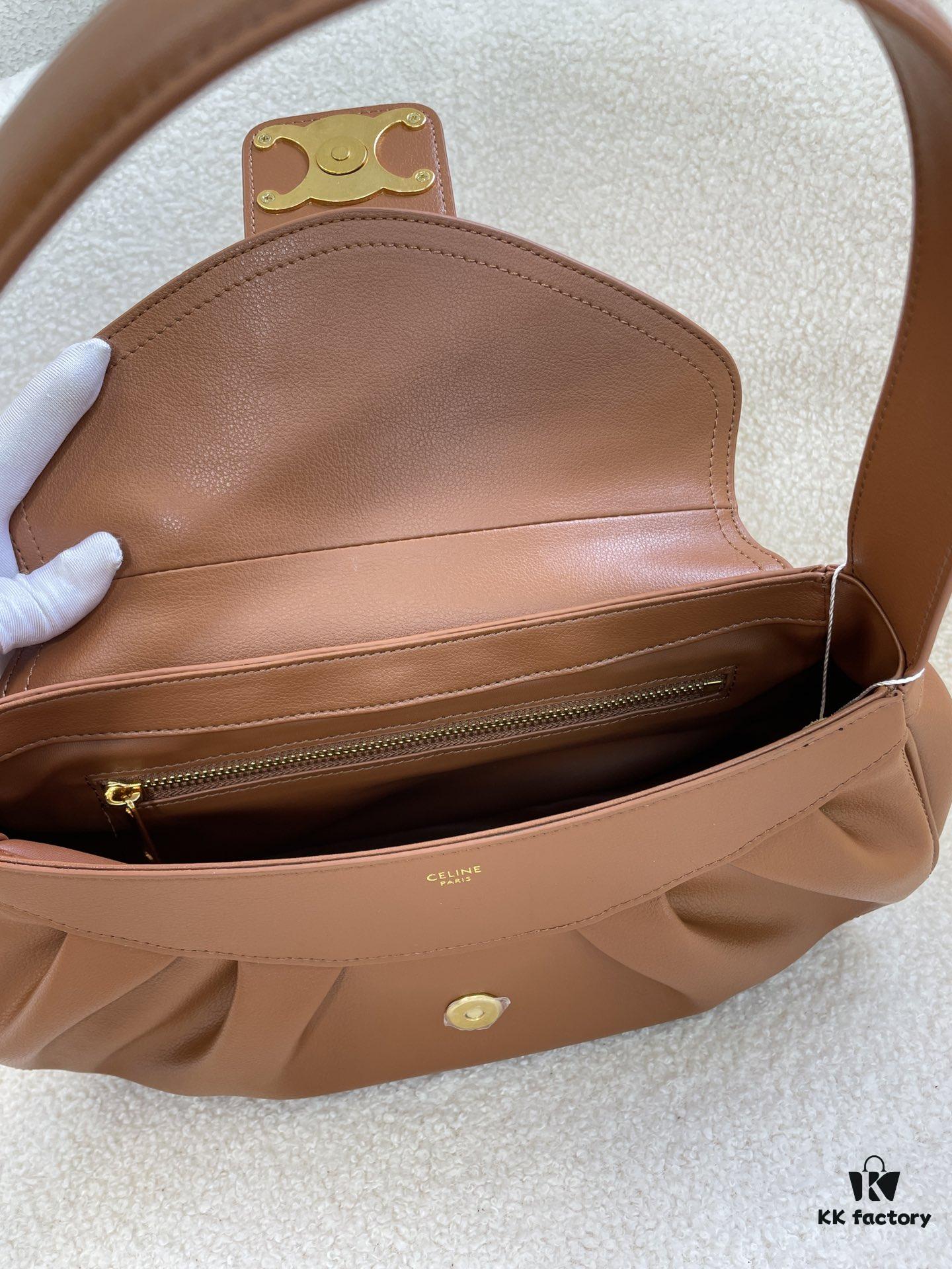 CELINE Spring/Summer New Arrival POLLY Bag - Iconic Triomphe Logo, Wave-Base Design, Full-Grain Calf Leather with Lambskin Lining