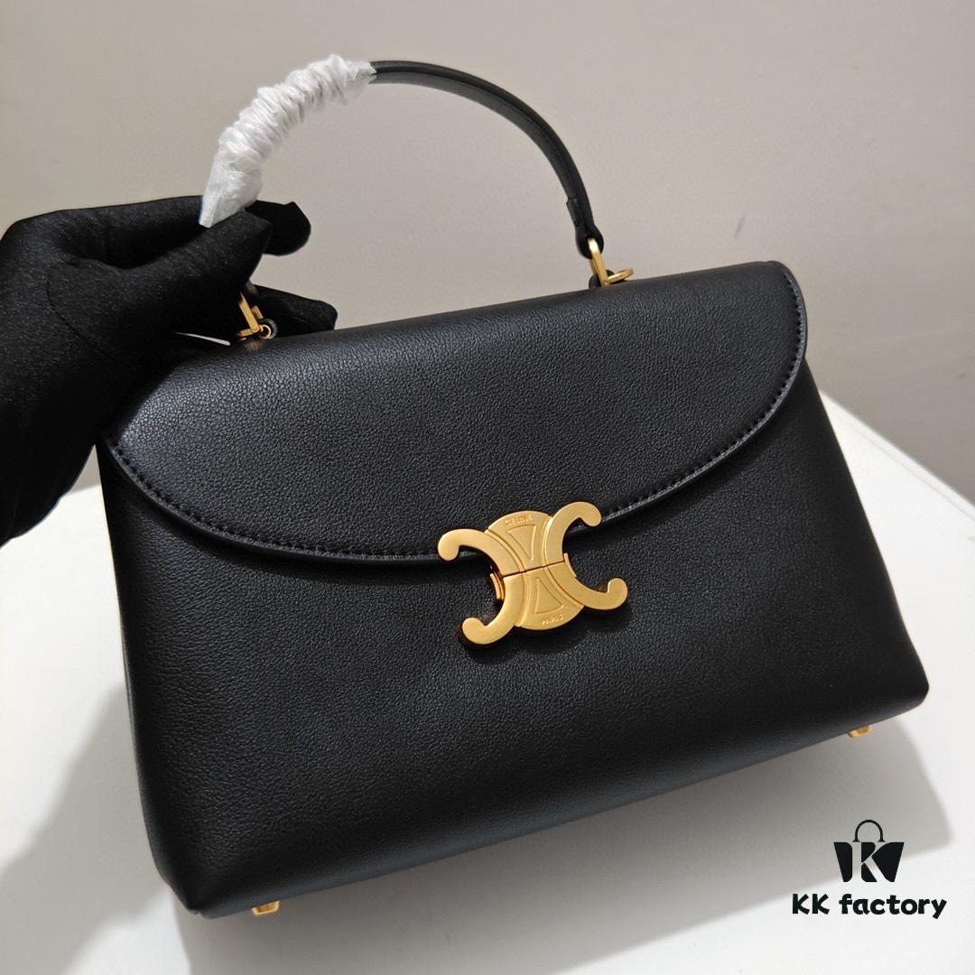 Top-Grade Cowhide, Crinkle Grain Leather, Celine 2024 New Arrival Archway Handbag, Minimalist and Exquisite Design in Large Size 25cm