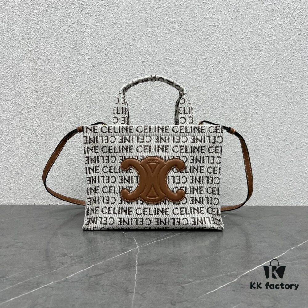 CELINE CABAS THAIS | New Autumn All-Over Print Fabric Small Tote Bag with Calfskin Trims