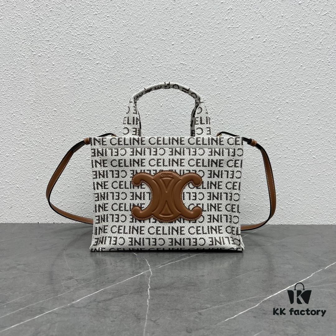 CELINE CABAS THAIS | New Autumn All-Over Printed Fabric Mini Tote, Small Leather Trimmed Bag with Flat Interior Pocket and Two Exterior Flap Pockets