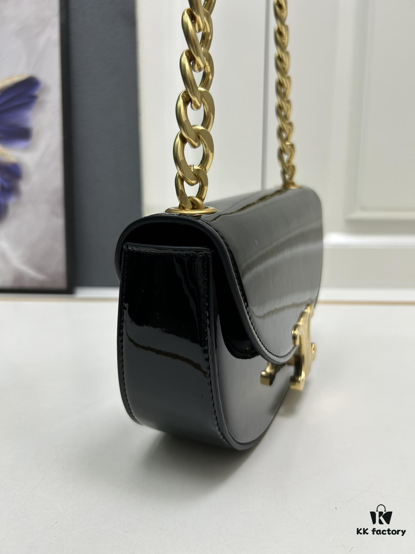 Upgraded Release Celine 2024 New Model Chain Half-Moon Bag, Box Leather with Arc de Triomphe Metal Clasp Closure