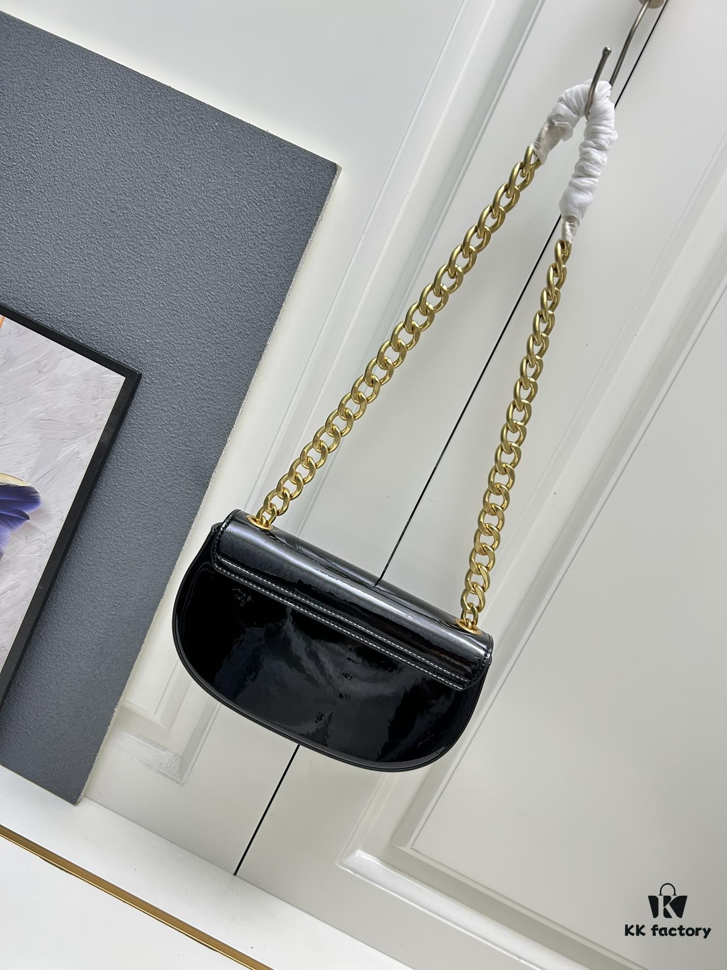 Upgraded Release Celine 2024 New Model Chain Half-Moon Bag, Box Leather with Arc de Triomphe Metal Clasp Closure