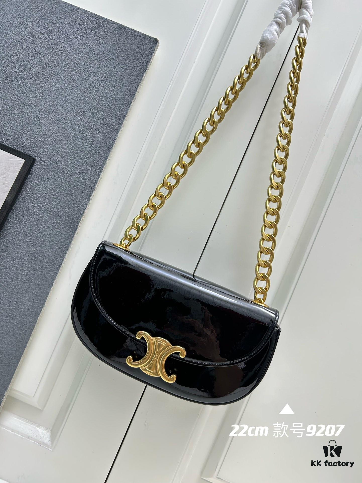 Upgraded Release Celine 2024 New Model Chain Half-Moon Bag, Box Leather with Arc de Triomphe Metal Clasp Closure