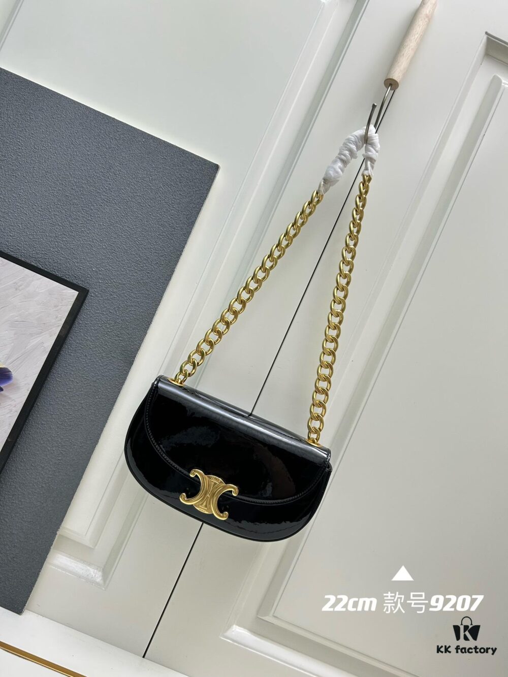 Upgraded Release Celine 2024 New Model Chain Half-Moon Bag, Box Leather with Arc de Triomphe Metal Clasp Closure