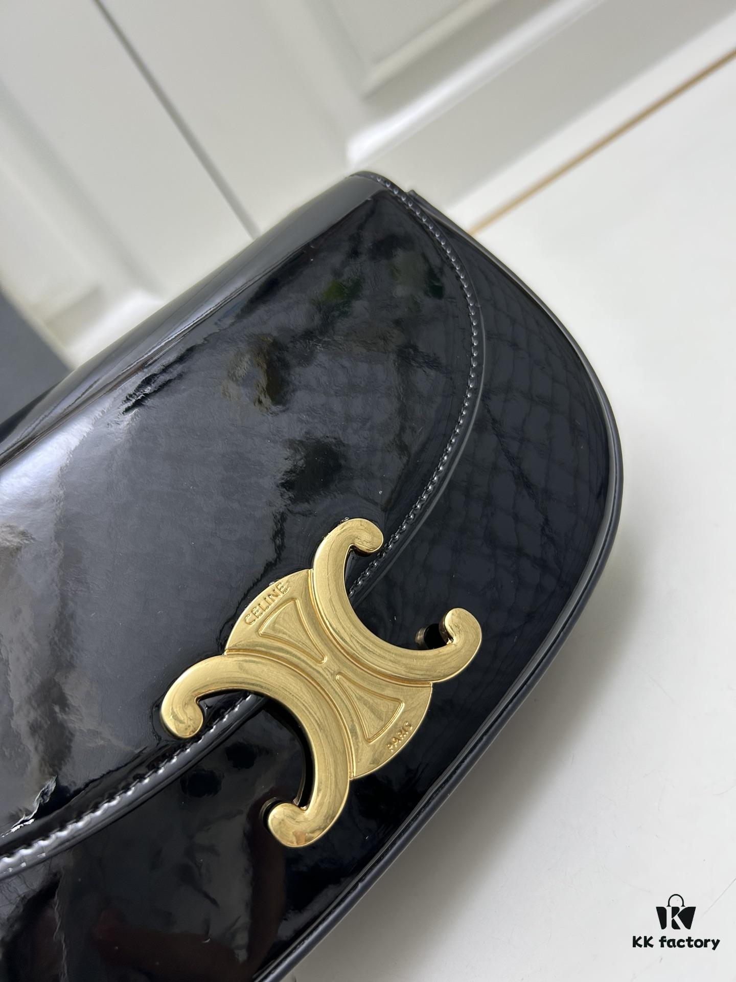 Upgraded Release Celine 2024 New Model Chain Half-Moon Bag, Box Leather with Arc de Triomphe Metal Clasp Closure