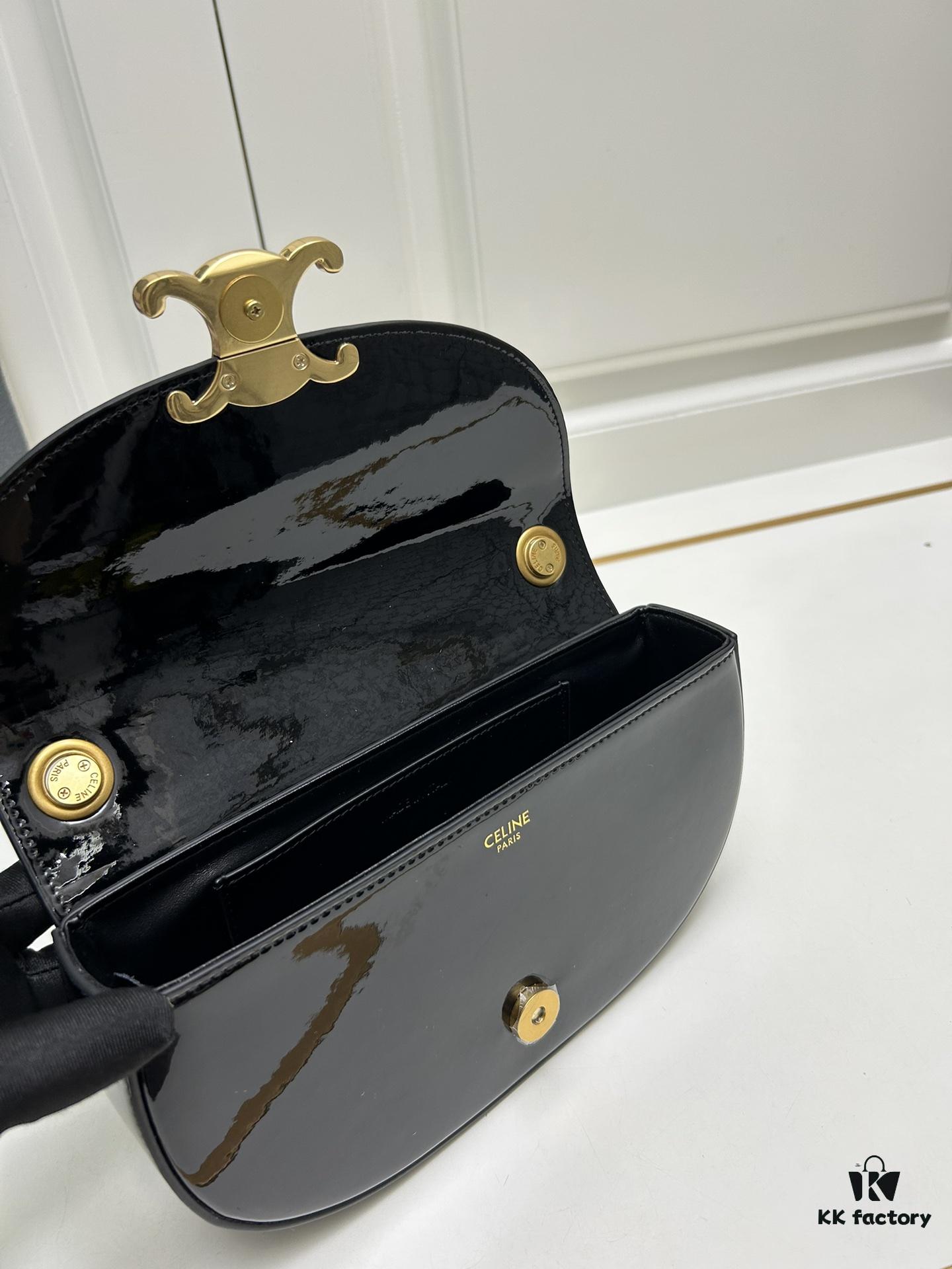 Upgraded Release Celine 2024 New Model Chain Half-Moon Bag, Box Leather with Arc de Triomphe Metal Clasp Closure