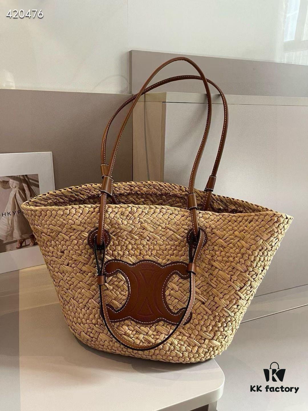 Celine Wicker Handwoven Raffia Bag, Official Website Style, Essential for Summer Beach Travel
