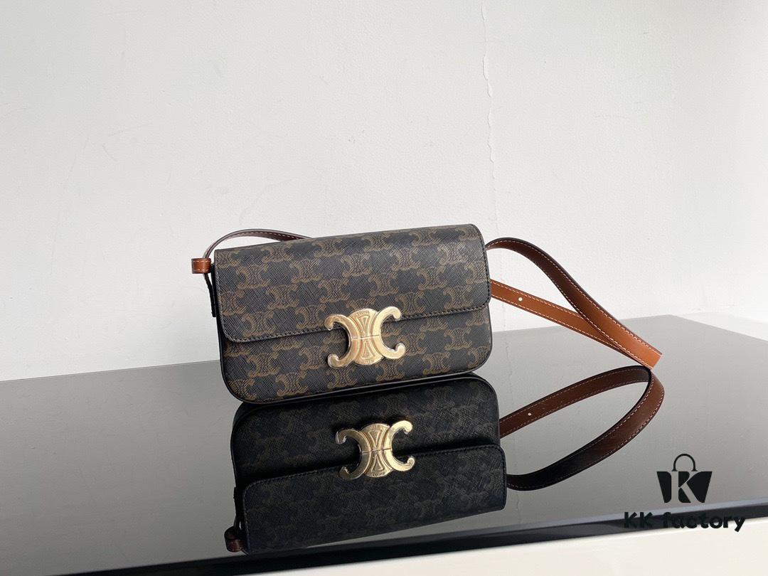 CELINE 2024 Spring-Summer New Arrival TRIOMPHE Logo Printed Cowhide Leather Shoulder Bag, Triumph Armpit Bag, Cowhide Trim, Lambskin Lining, Interior Flat Pocket, Adjustable Leather Shoulder Strap (Length: 20cm)