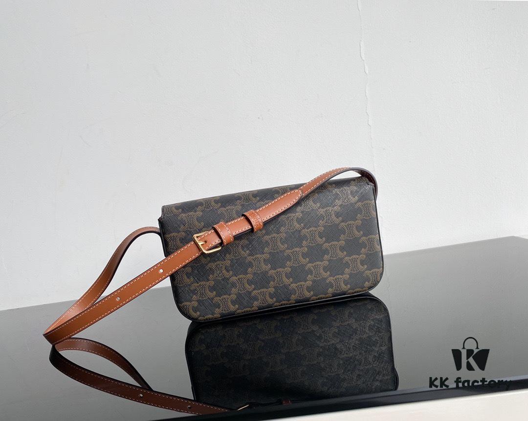 CELINE 2024 Spring-Summer New Arrival TRIOMPHE Logo Printed Cowhide Leather Shoulder Bag, Triumph Armpit Bag, Cowhide Trim, Lambskin Lining, Interior Flat Pocket, Adjustable Leather Shoulder Strap (Length: 20cm)