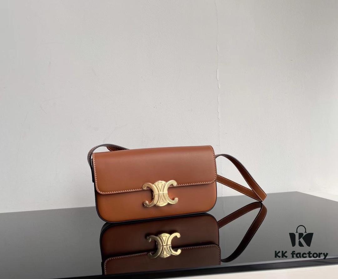 CELINE 2024 Spring/Summer New Arrival TRIOMPHE Logo Embossed Smooth Calfskin Shoulder Bag, Triomphe Armpit Bag with Cowhide Edging, Lambskin Lining, Flat Interior Pocket, Adjustable Leather Shoulder Strap (20cm Length)