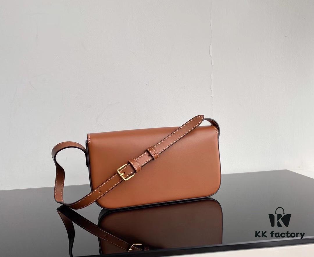 CELINE 2024 Spring/Summer New Arrival TRIOMPHE Logo Embossed Smooth Calfskin Shoulder Bag, Triomphe Armpit Bag with Cowhide Edging, Lambskin Lining, Flat Interior Pocket, Adjustable Leather Shoulder Strap (20cm Length)